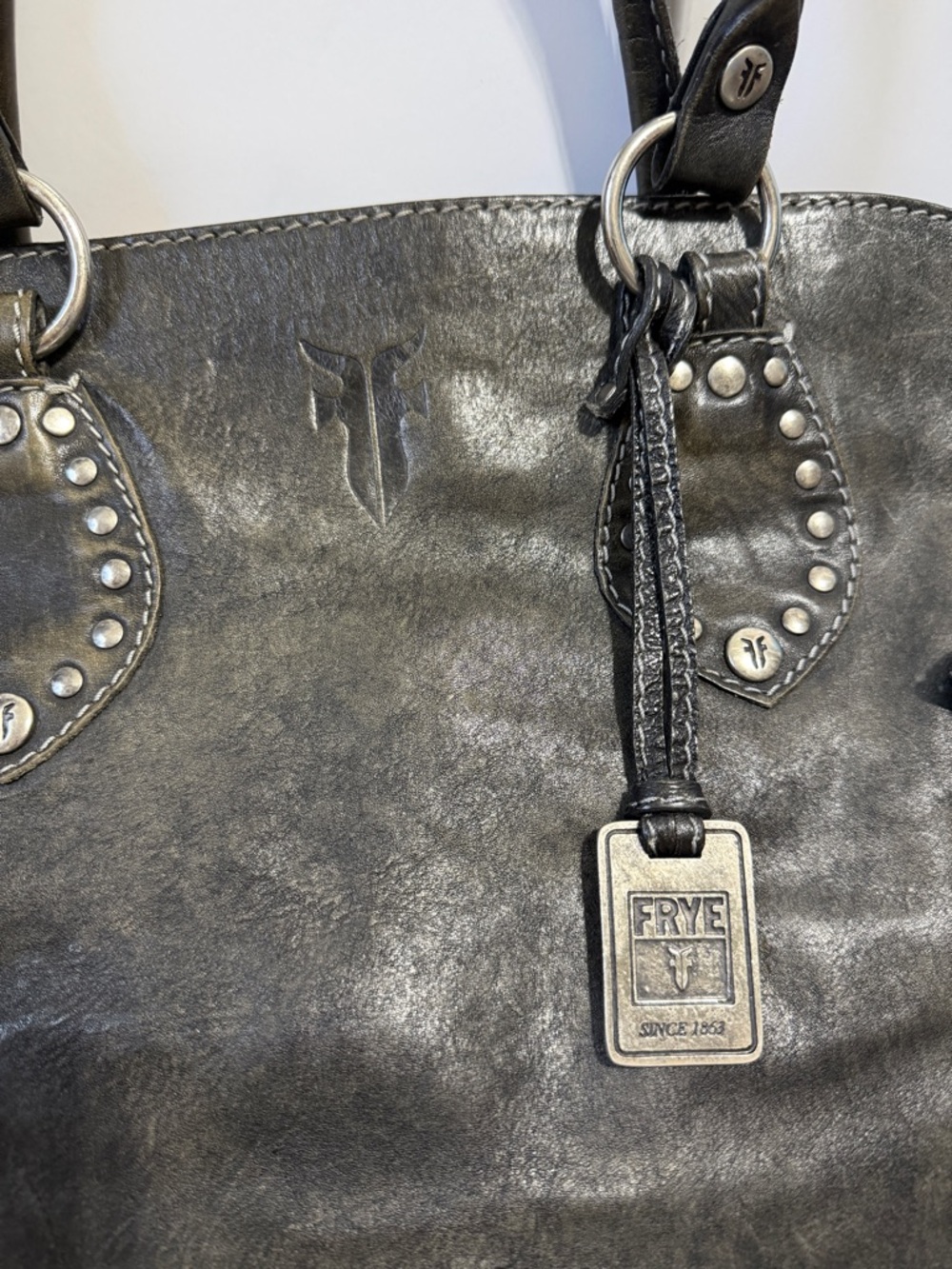 Frye Melissa rustic distressed black leather silver studded moto large tote bag - Picture 3 of 13